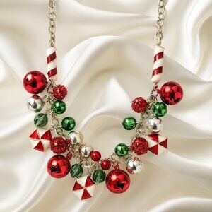 Christmas Necklace – Red, Green & Silver Beads - Candy Cane & Jingle Bell charms